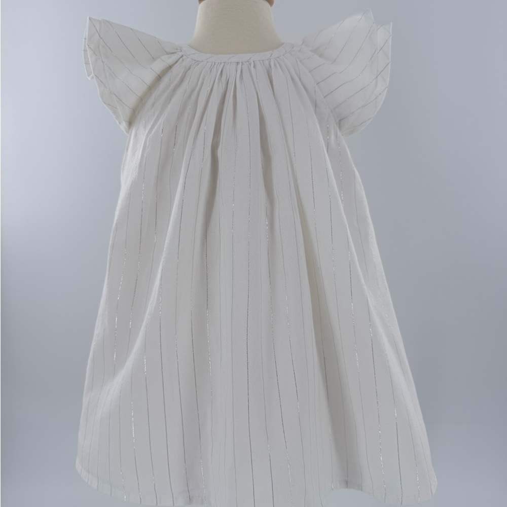 babyGap Baby Girl White Flutter Sleeve Dress 18–24 Months Silver Stripe Detail